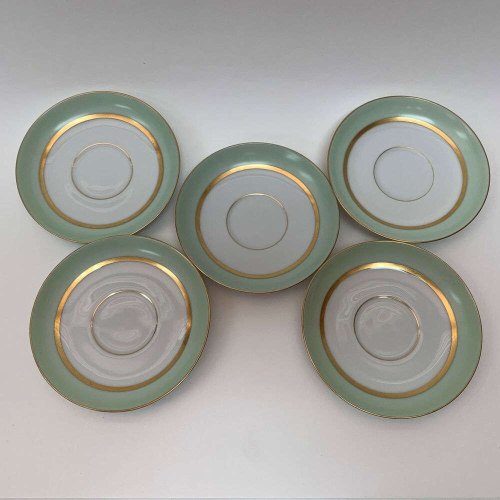 Bavaria Tirschenreuth‎ Clyde 4245 Saucers Green White Gold Trim Lot of 5